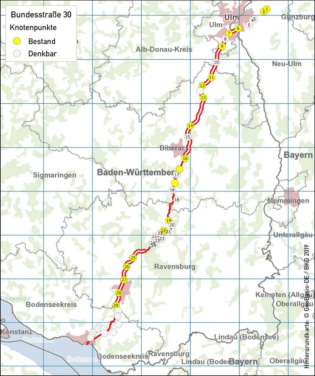 Anschlussstellen der Bundesstraße 30 in Oberschwaben