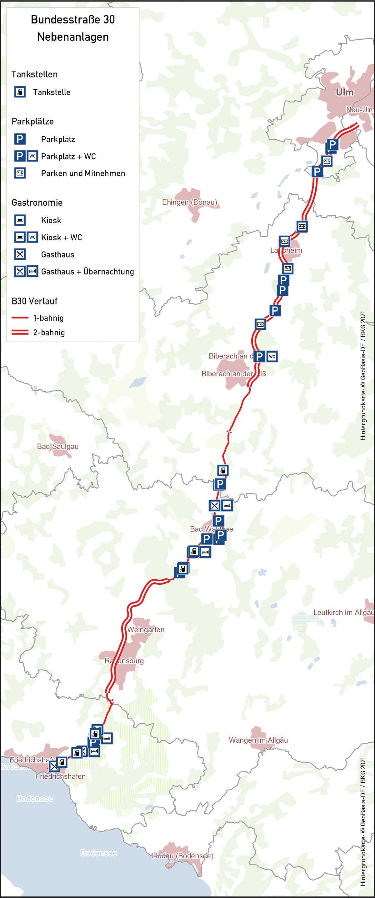 Parkplätze an der Bundesstraße 30 in Oberschwaben - Nordteil