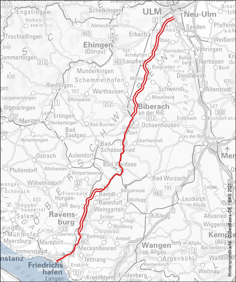 Verlauf der Bundesstraße 30 in Oberschwaben