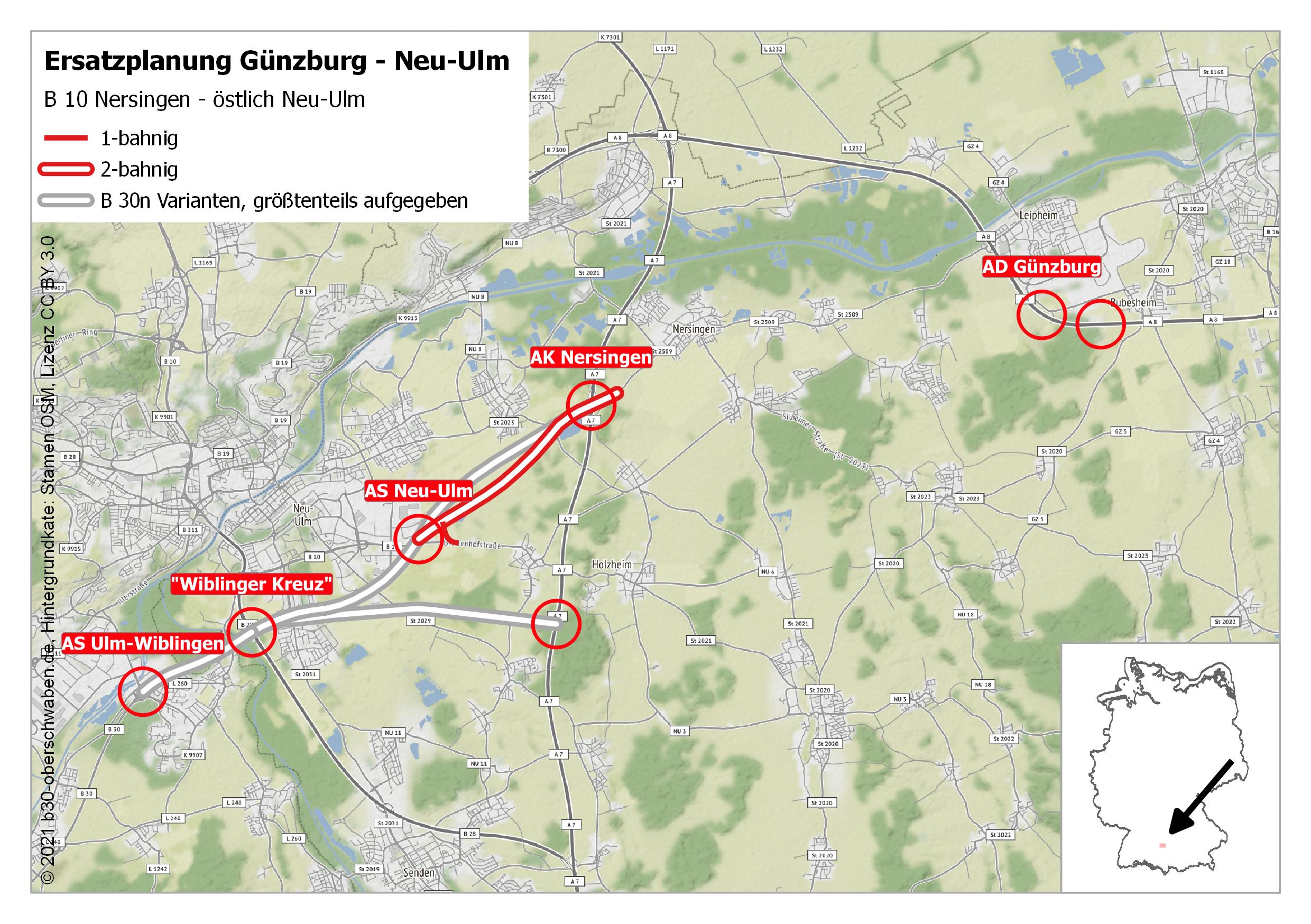 Die Abbildung zeigt eine Karte mit dem Streckenverlauf der B 10 Nersingen – östlich Neu-Ulm