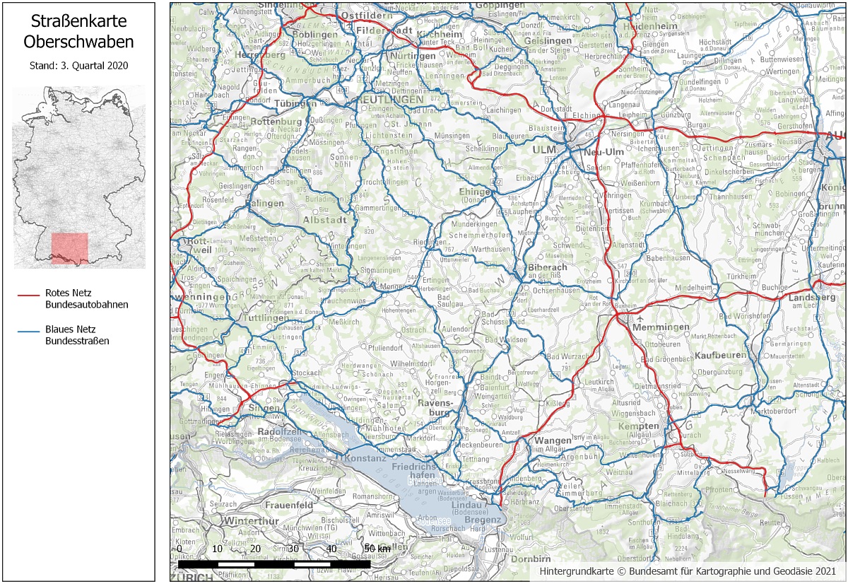 Straßenkarte Oberschwaben 2020