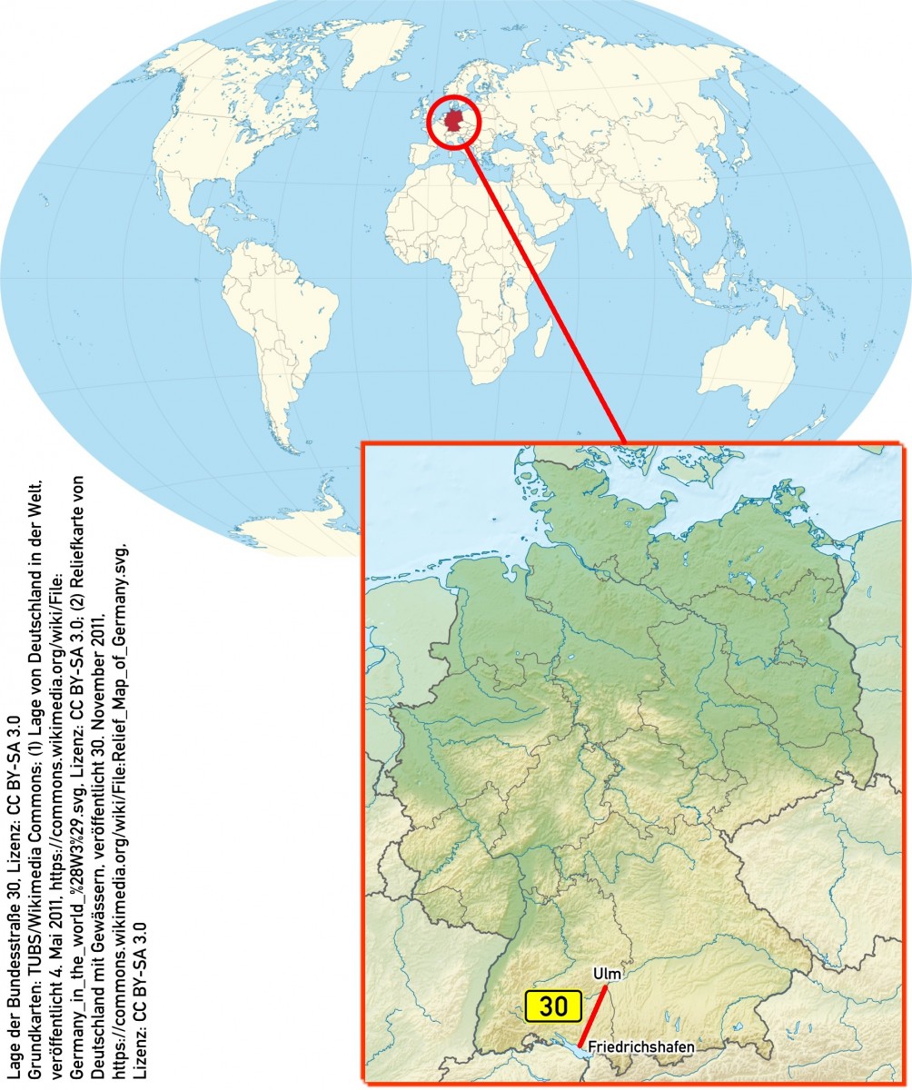 Lage der Bundesstraße 30 in Oberschwaben